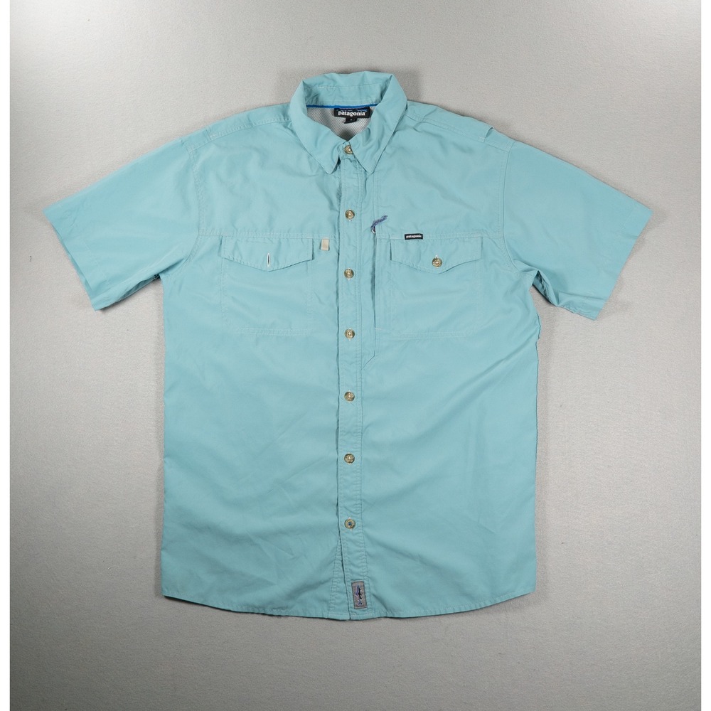 Patagonia‎ Mens S Short Sleeve Fishing Shirt Turquoise Blue Button Up Mesh Vent